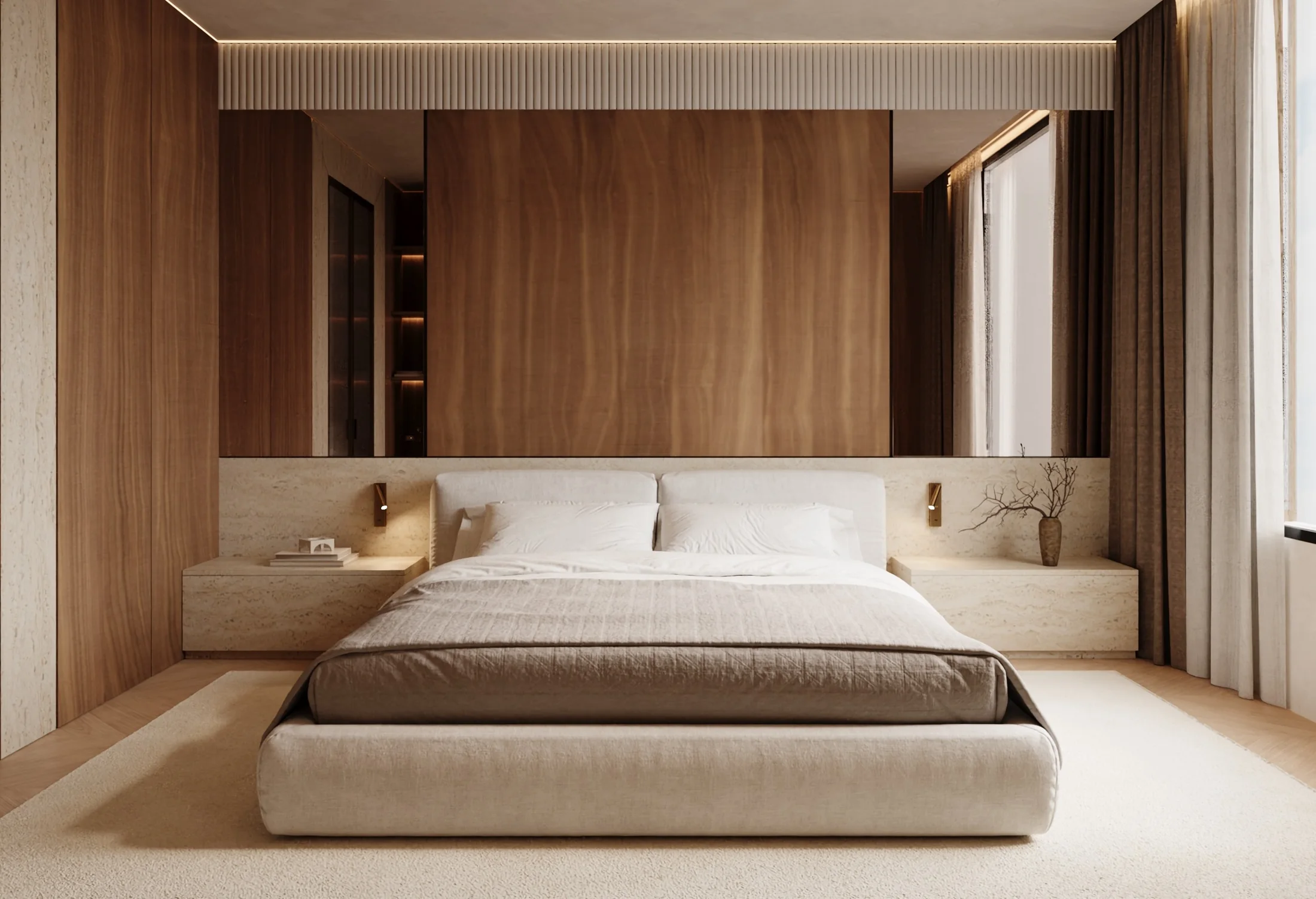 Warm contemporary bedroom with walnut millwork and an upholstered bed