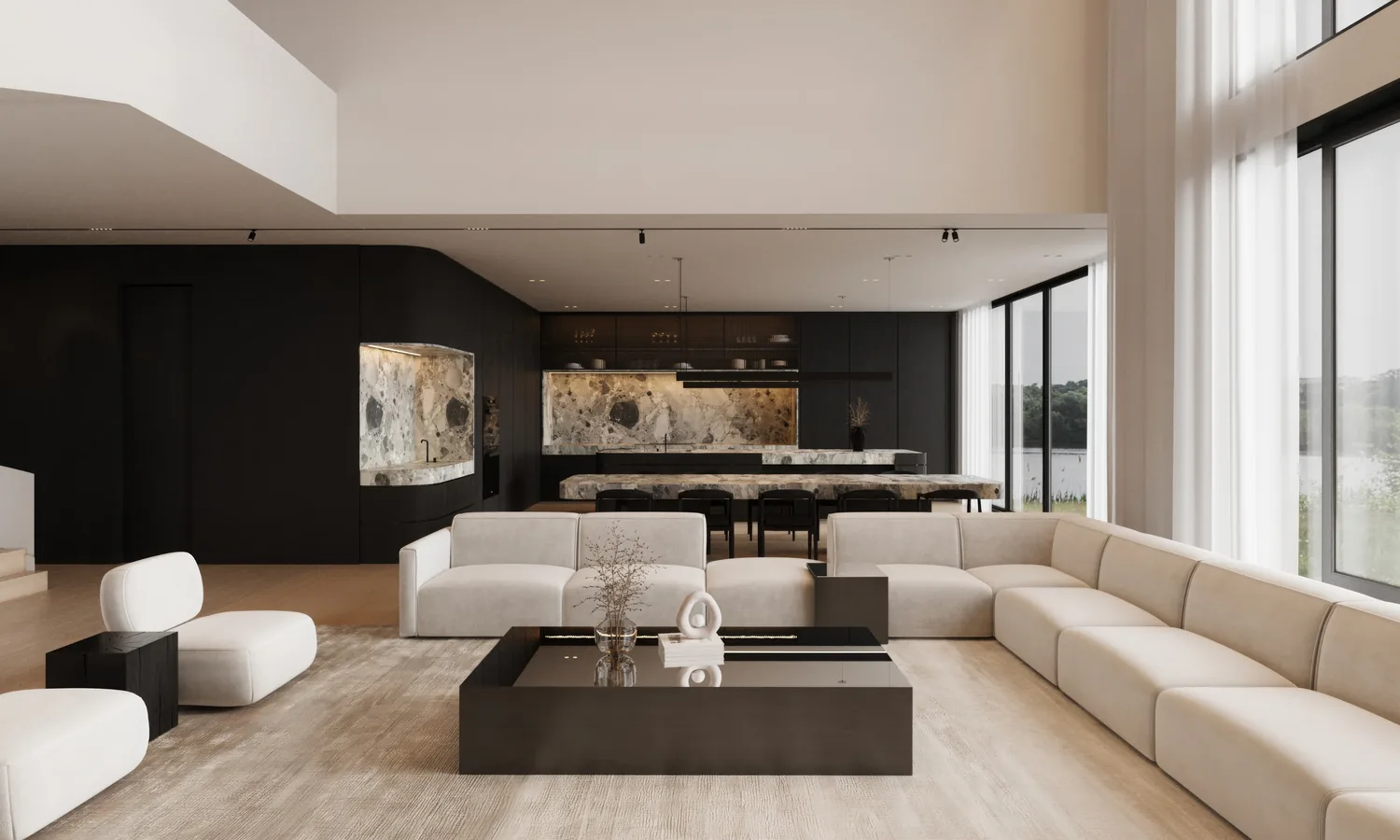 Double-height living room with black kitchen cabinetry and light modular seating