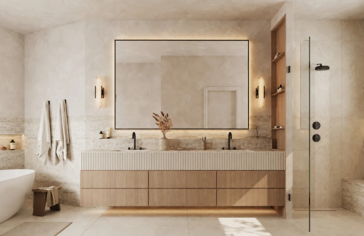 Soft neutral bathroom with a floating timber vanity and glass shower