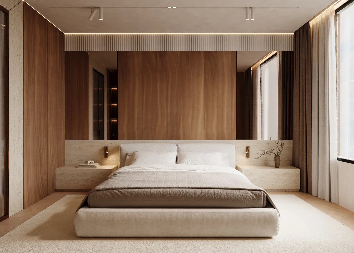 Contemporary bedroom with a timber feature wall and integrated lighting